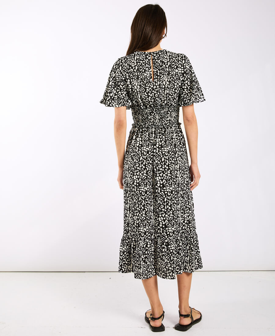Black Animal Smock Waisted Midi Dress