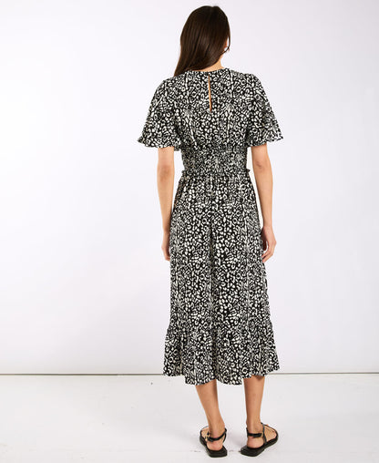 Black Animal Smock Waisted Midi Dress