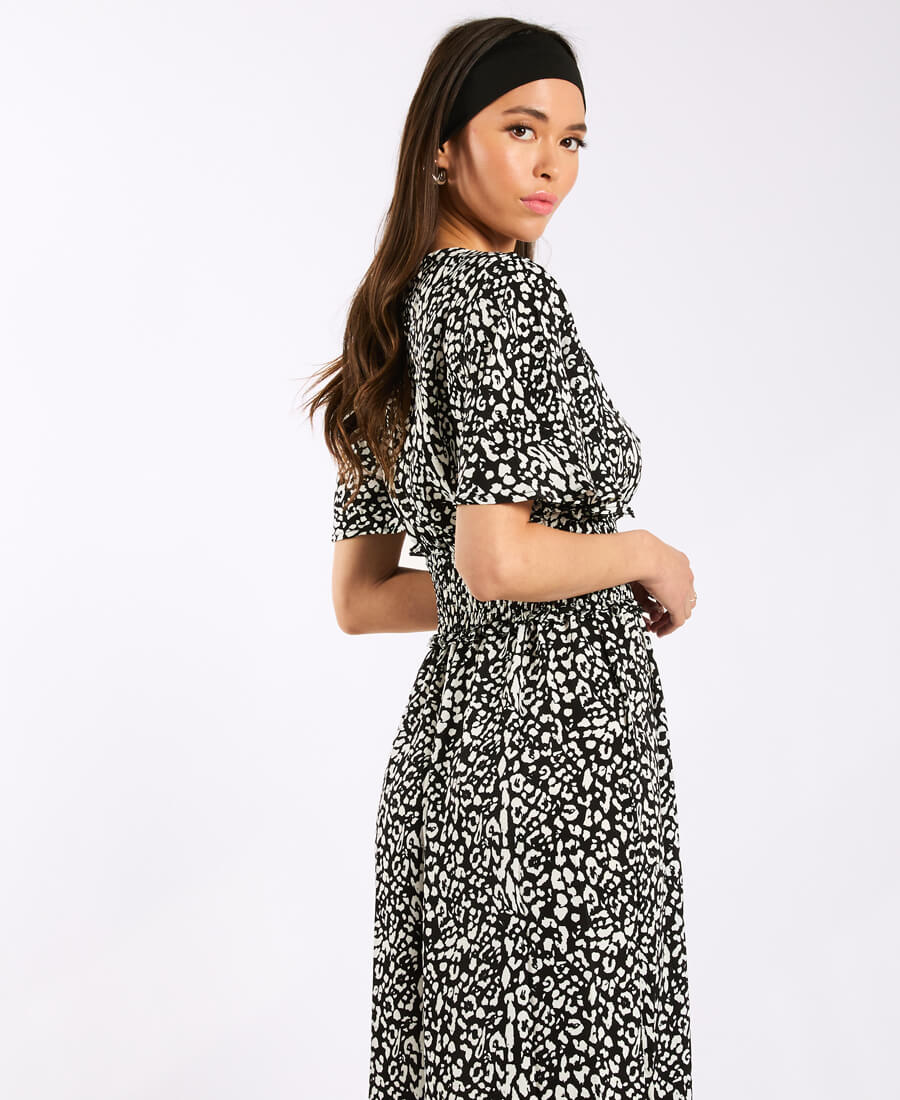 Black Animal Smock Waisted Midi Dress