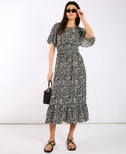 Black Animal Smock Waisted Midi Dress
