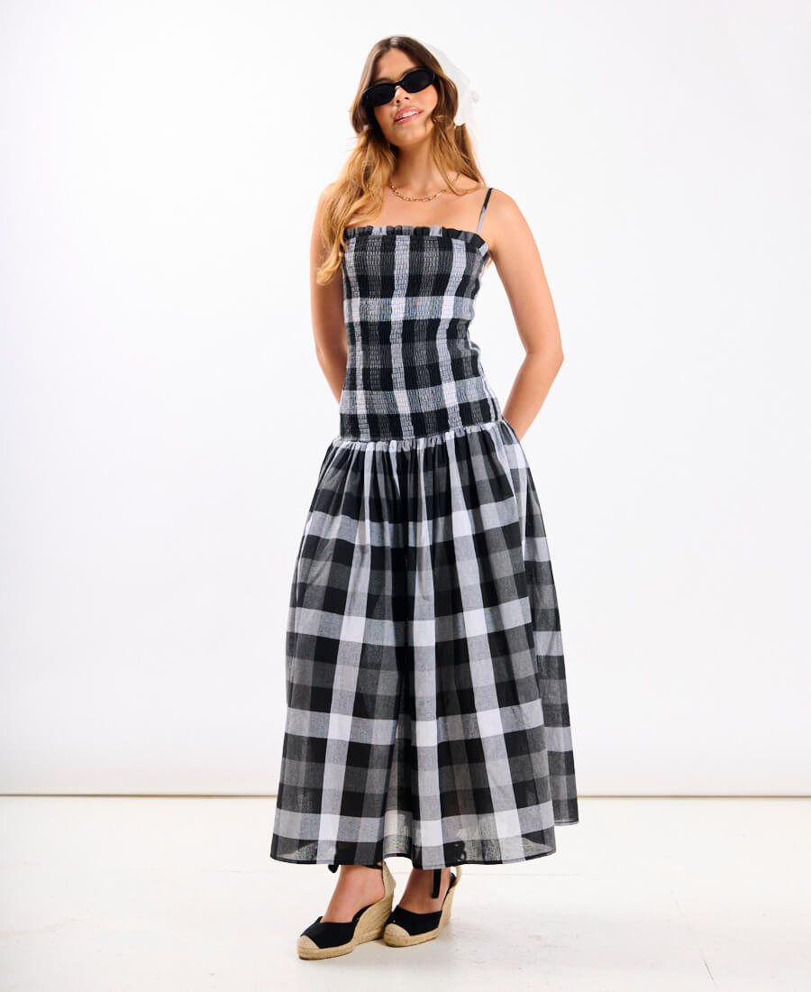 Black Check Drop Waist Midi Dress