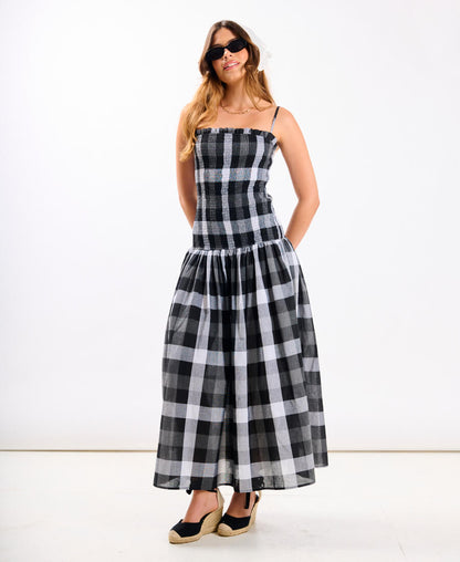 Black Check Drop Waist Midi Dress