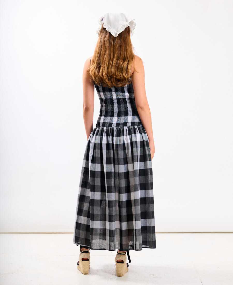 Black Check Drop Waist Midi Dress