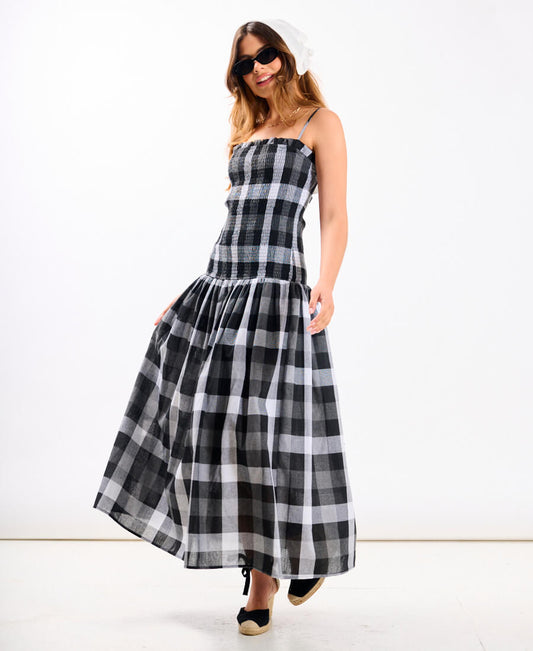 Black Check Drop Waist Midi Dress