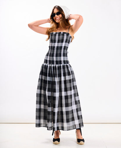 Black Check Drop Waist Midi Dress