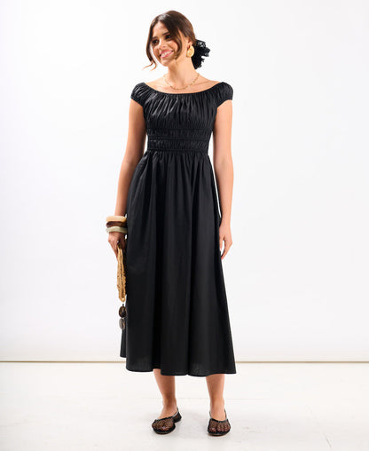 Black Cotton Shirred Bardot Midi Dress
