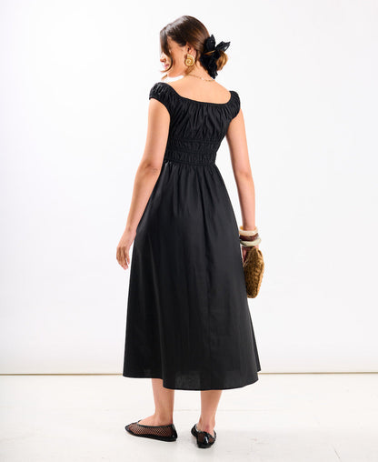 Black Cotton Shirred Bardot Midi Dress