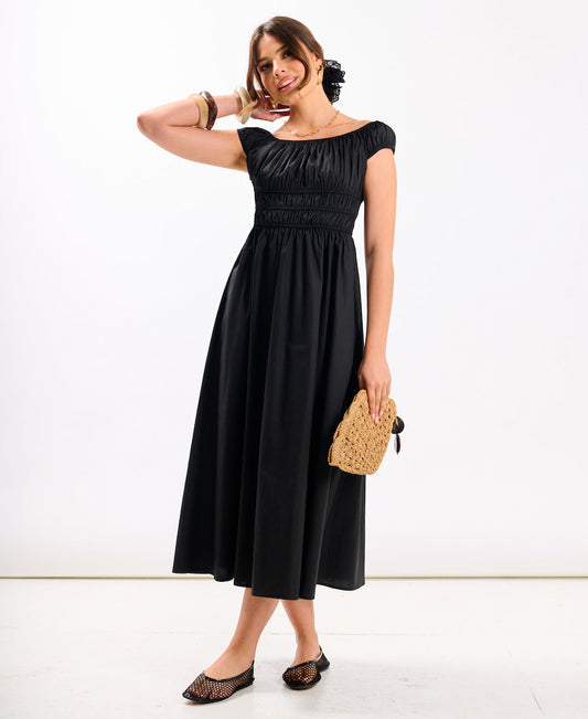 Black Cotton Shirred Bardot Midi Dress