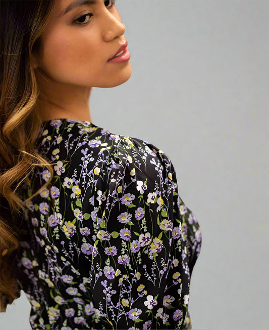 Black Floral Puff Sleeve Mini Dress