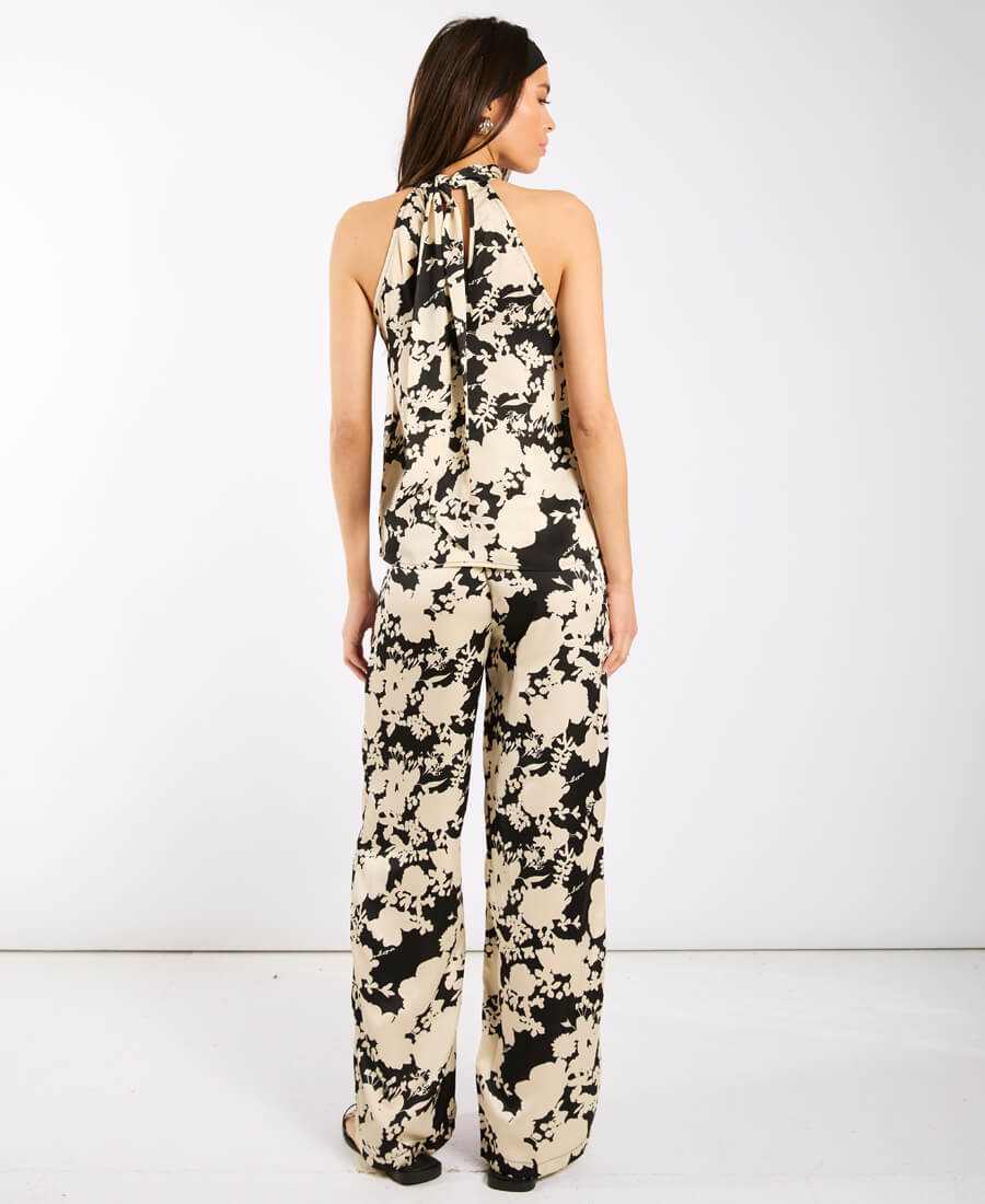 Black and Ivory Printed Halter Neck Top