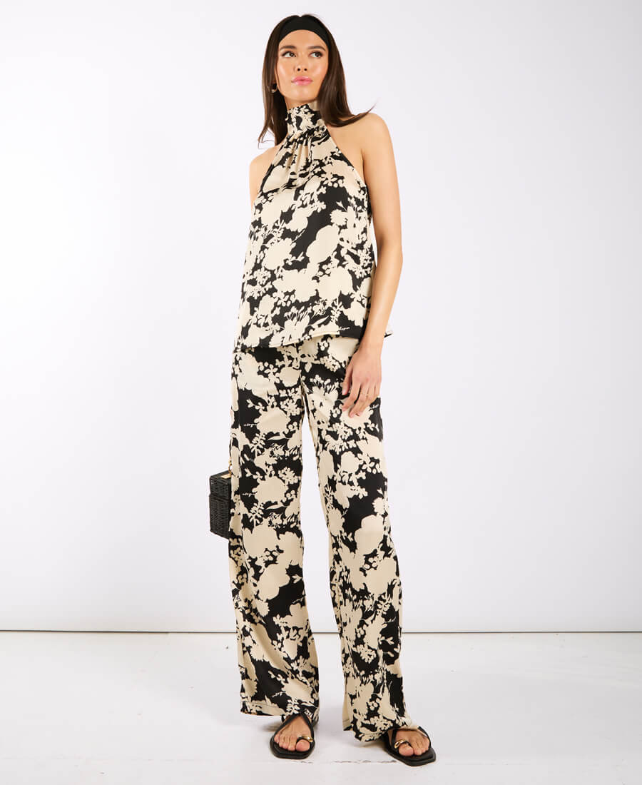 Black and Ivory Printed Halter Neck Top