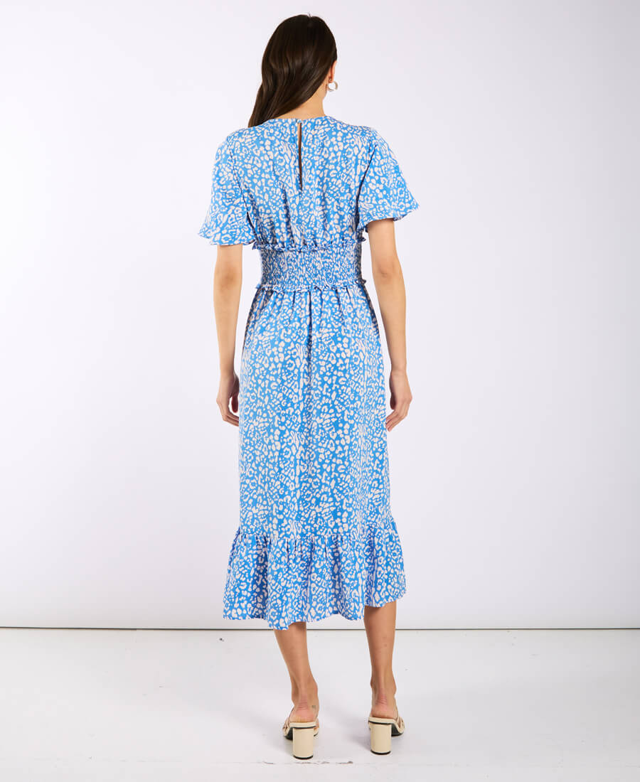 Blue Animal Smock Waisted Midi Dress