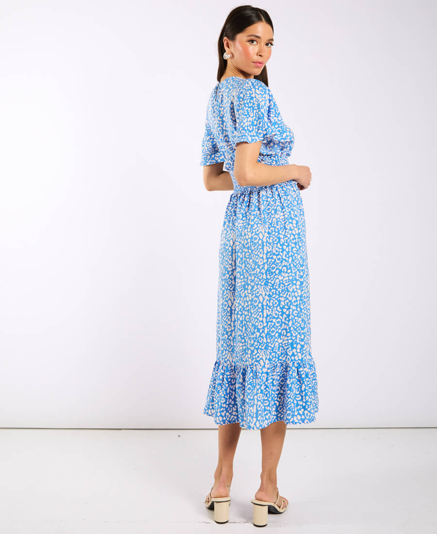 Blue Animal Smock Waisted Midi Dress
