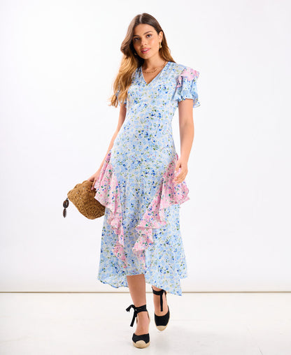 Blue Ditsy Floral Ruffle Mix and Match Midi Dress