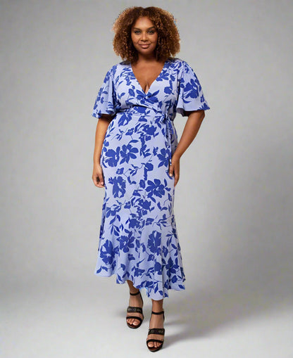Blue Floral Wrap Midi Dress