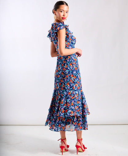 Blue Floral Ruffle Midi Dress
