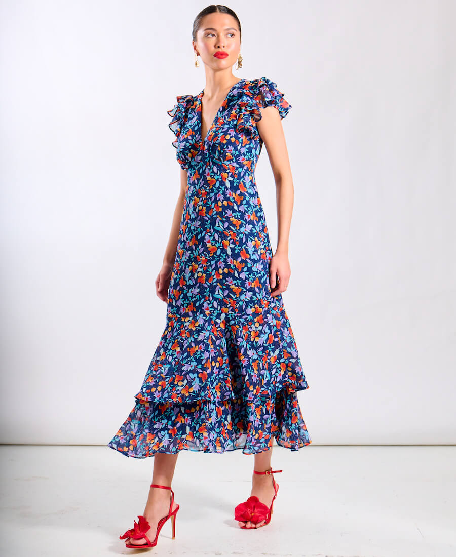 Blue Floral Ruffle Midi Dress