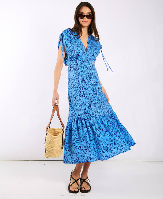Blue Leopard Ruched Midi Dress
