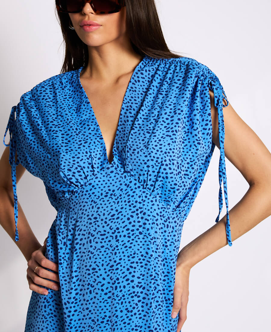 Blue Leopard Ruched Midi Dress
