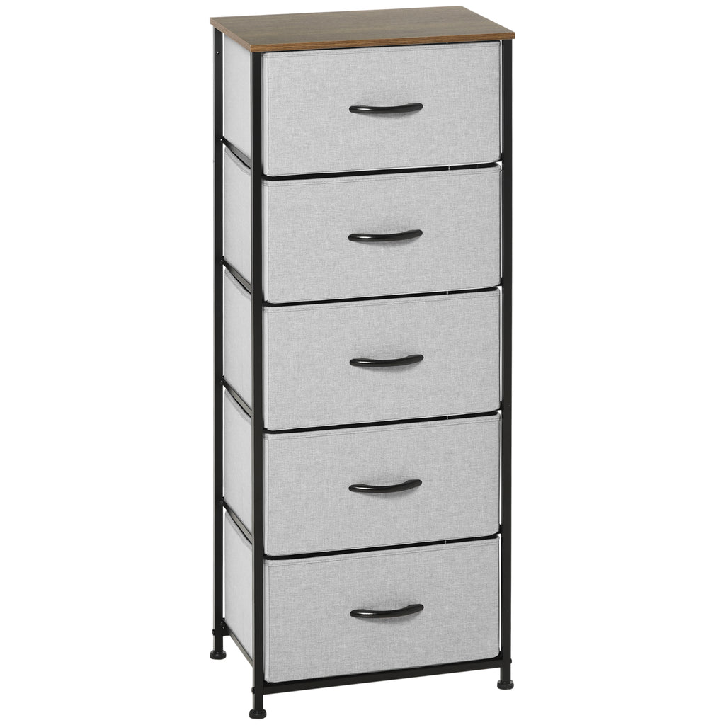 HOMCOM Fabric Chest of Drawers, Industrial Bedroom Dresser with 5 Fabric Drawers, Steel Frame and Wooden Top for Nursery, Living Room, Hallway, Grey