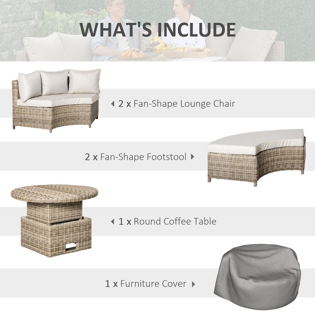 Outsunny 5 Pieces Outdoor PE Rattan Round Garden Daybed with Cushions, Aluminium Lounge Chair Conversation Sofa Set with Liftable Coffee Table and Protect Cover, Grey