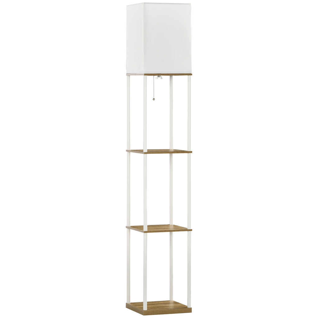 Modern Metal Floor Lamp with Shelves, 3 Layer Shelf Tall Standing Lamp with Fabric Lampshade, Pull Chain Switch for Living Room, Bedroom, Bulb not Included, White