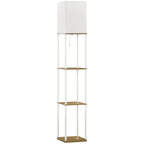 Modern Metal Floor Lamp with Shelves, 3 Layer Shelf Tall Standing Lamp with Fabric Lampshade, Pull Chain Switch for Living Room, Bedroom, Bulb not Included, White
