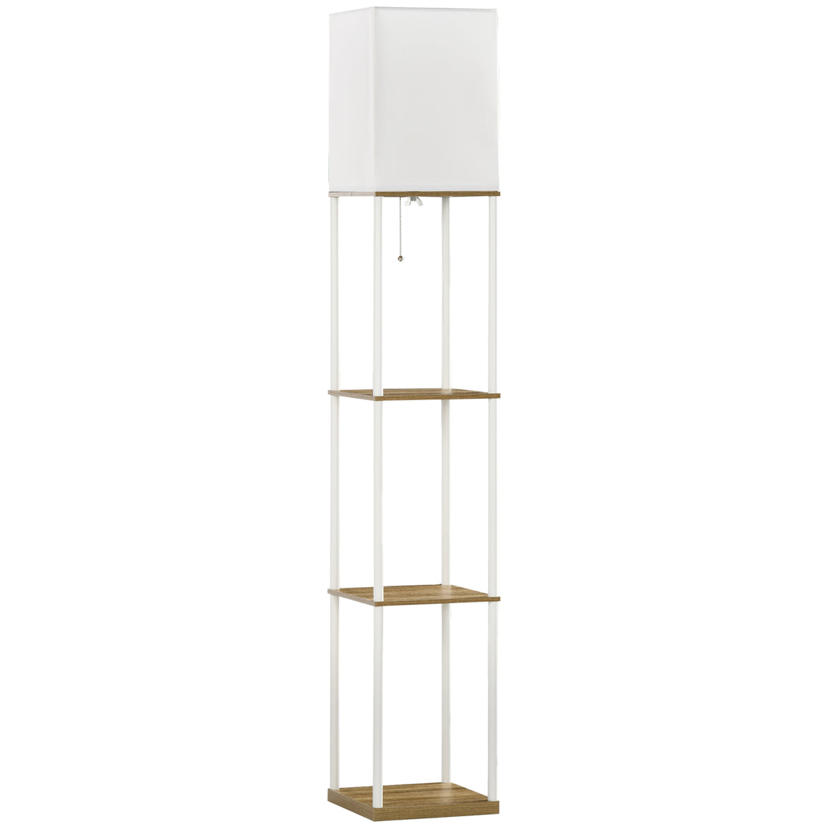 Modern Metal Floor Lamp with Shelves, 3 Layer Shelf Tall Standing Lamp with Fabric Lampshade, Pull Chain Switch for Living Room, Bedroom, Bulb not Included, White