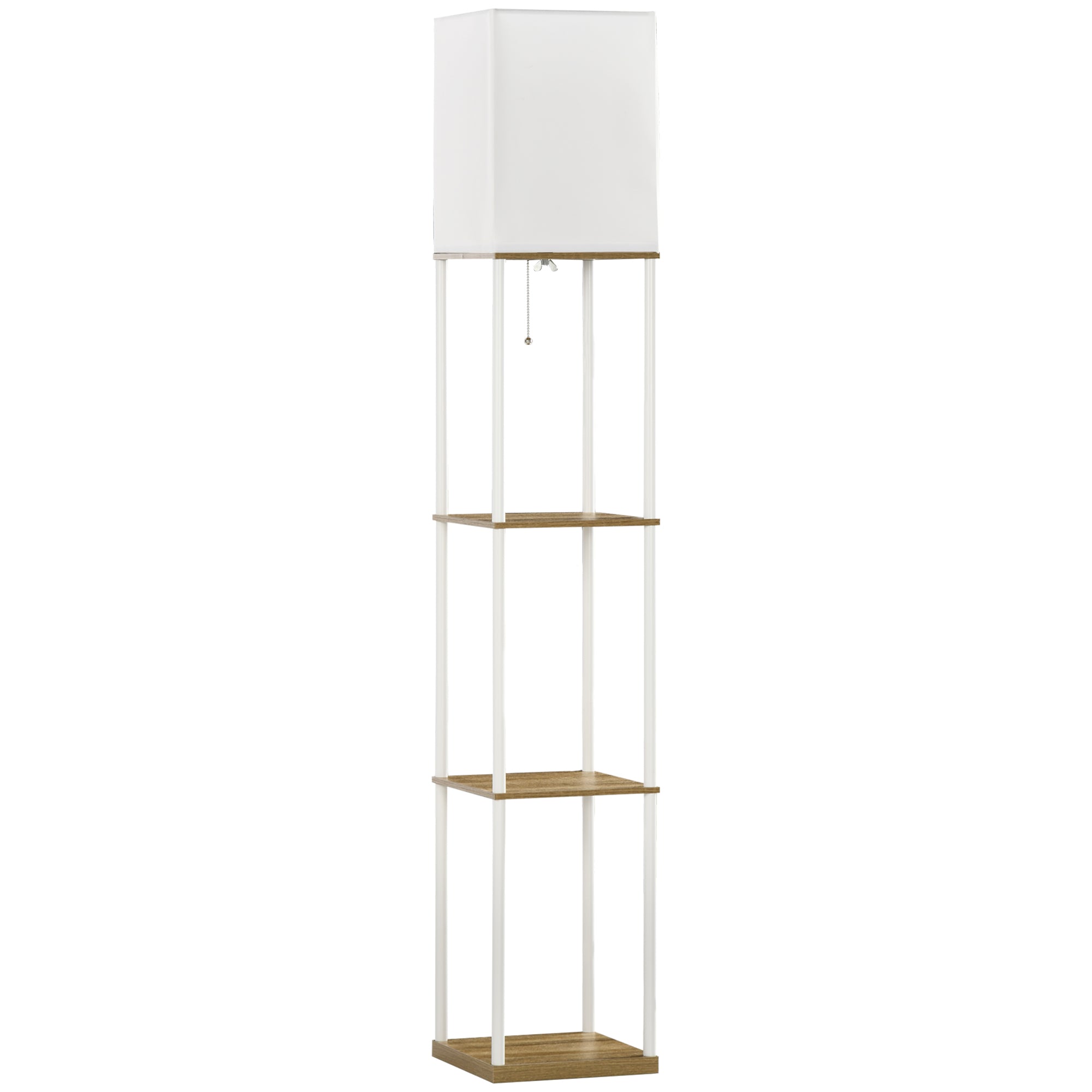 Modern Metal Floor Lamp with Shelves, 3 Layer Shelf Tall Standing Lamp with Fabric Lampshade, Pull Chain Switch for Living Room, Bedroom, Bulb not Included, White