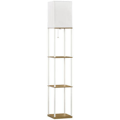 Modern Metal Floor Lamp with Shelves, 3 Layer Shelf Tall Standing Lamp with Fabric Lampshade, Pull Chain Switch for Living Room, Bedroom, Bulb not Included, White