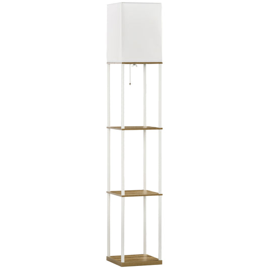 Modern Metal Floor Lamp with Shelves, 3 Layer Shelf Tall Standing Lamp with Fabric Lampshade, Pull Chain Switch for Living Room, Bedroom, Bulb not Included, White