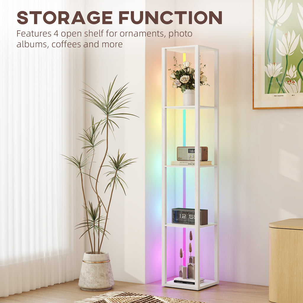RGB LED Floor Lamp with Shelves, Modern Dimmable Standing Lamp with Remote Control, Adjustable Brightness & Speed for Living Room, Bedroom, Office, White