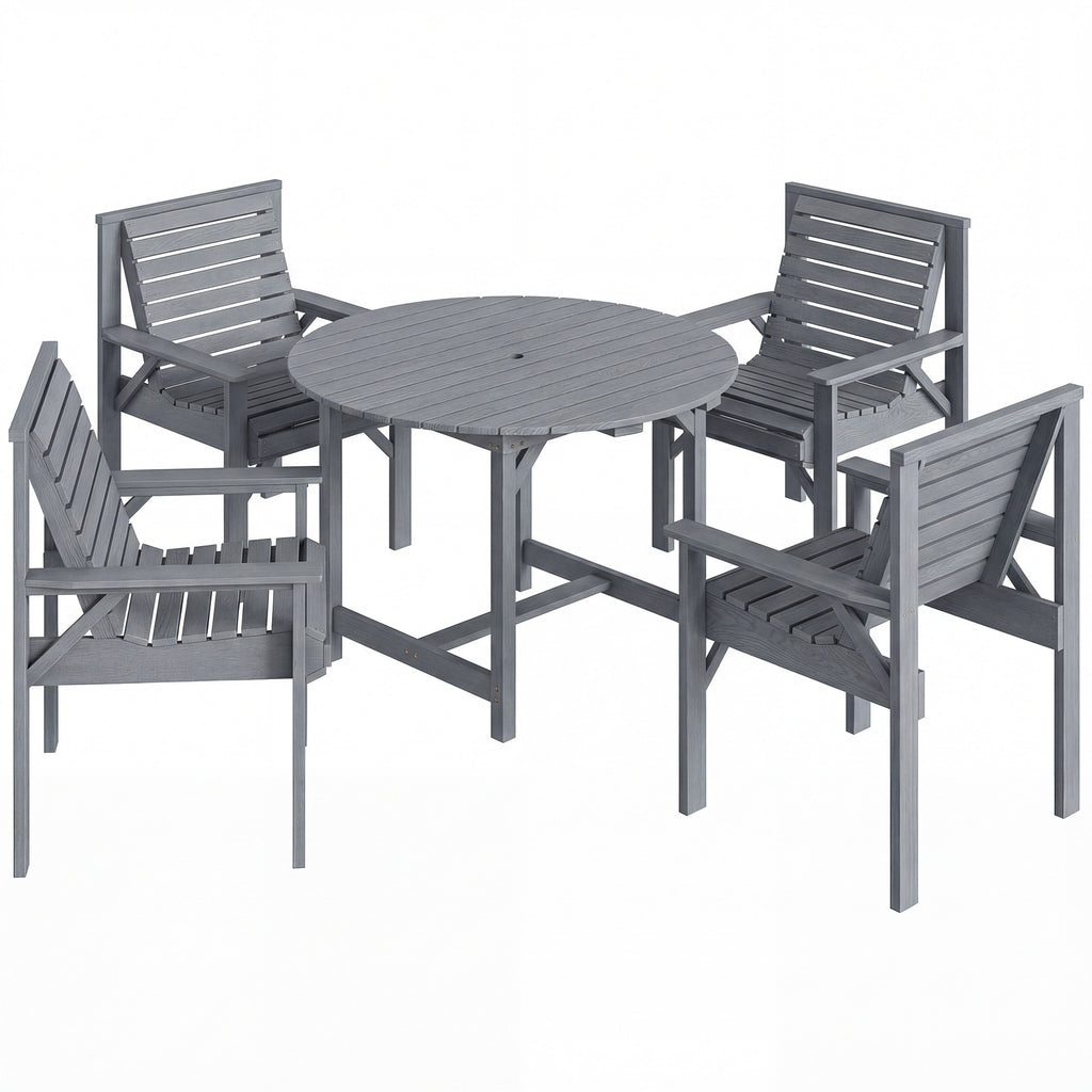 Outsunny 5 Pieces Garden Dining Set with Parasol Hole, Round Outdoor Table and Chairs, 4 Seater Wooden Garden Furniture, Grey