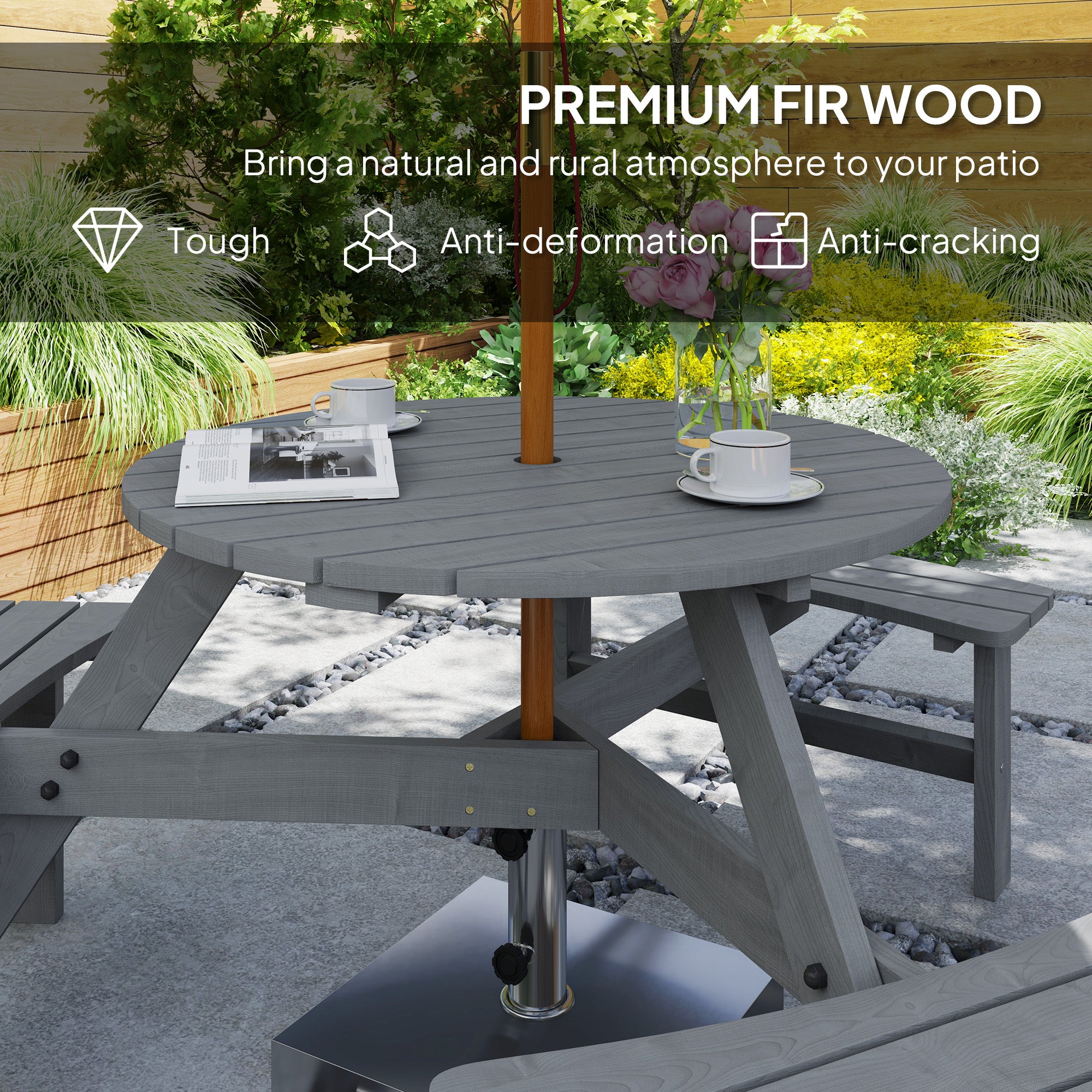 Outsunny Wooden Garden Dining Set, 6 Seater Round Dining Picnic Table with Matching Bench, Garden Furniture Set with Parasol Hole for Outdoor Patio Party and Family Gatherings, Grey