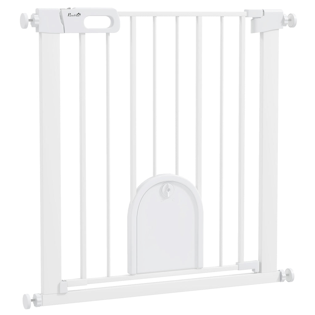 PawHut 75-82cm Pet Safety Gate, Pressure Fit Stair, with Cat Flap, Double Locking, White