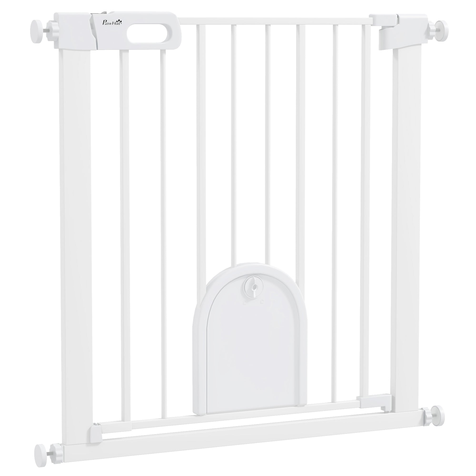 PawHut 75-82cm Pet Safety Gate, Pressure Fit Stair, with Cat Flap, Double Locking, White