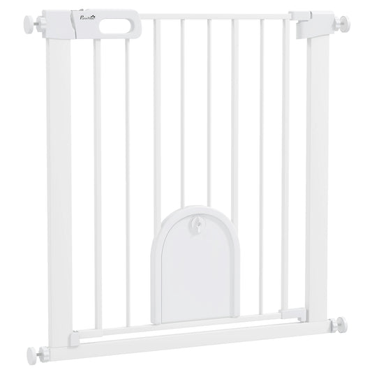 PawHut 75-82cm Pet Safety Gate, Pressure Fit Stair, with Cat Flap, Double Locking, White