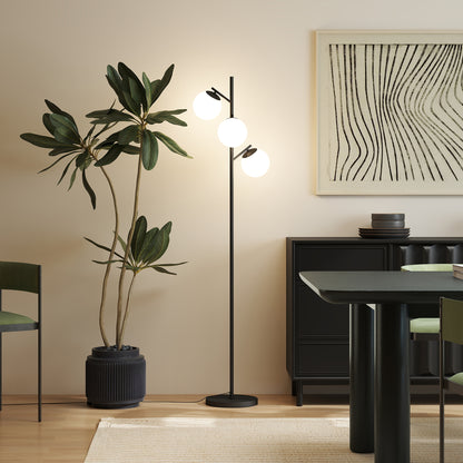 3-Light Tree Floor Lamps for Living Room, Modern Standing Lamp for Bedroom with Globe Lampshade, Steel Base, Bulb not Included, Black