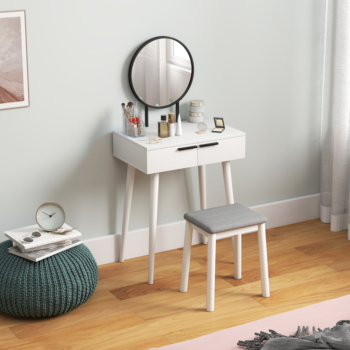 Modern Dressing Table with Round Mirror and Stool, Makeup Vanity Table with 2 Drawers for Bedroom, Living Room, 60 x 40 x 123 cm, White