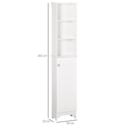Tall Bathroom Cabinet, Freestanding Slim Bathroom Storage Unit with Adjustable Shelves and Shutter Door, Floor Storage Cupboard with 6 Shelves, 165H x 34W x 20D cm, White