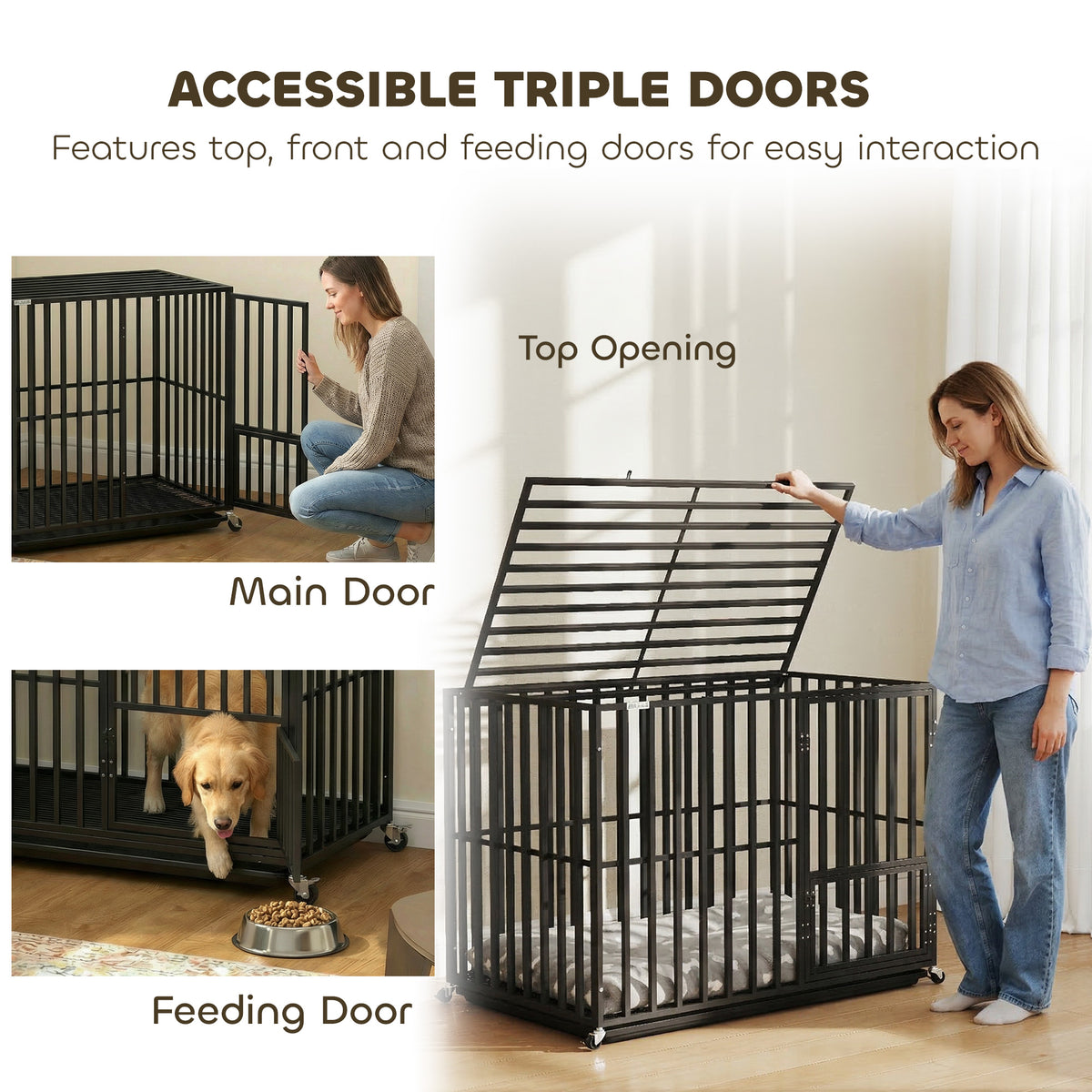 PawHut Heavy Duty Dog Crate, Dog Cage with Wheels for Medium Large Breeds with Removable Tray, Black