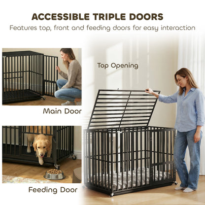 PawHut Heavy Duty Dog Crate, Dog Cage with Wheels for Medium Large Breeds with Removable Tray, Black