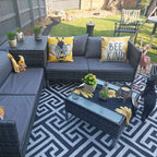 Outsunny 4pc Garden Rattan Wicker Outdoor Furniture Patio Corner Sofa Love Seat and Table Set  with Cushions Side Desk Storage, Mixed Grey