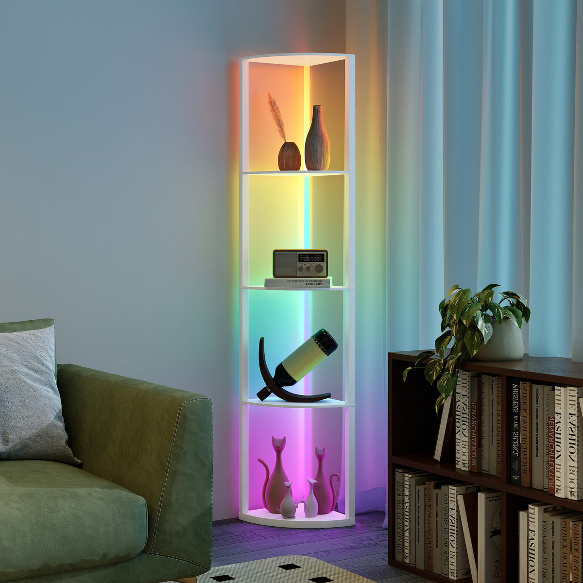 RGB LED Floor Lamp with Shelves, 5-Tier Dimmable Standing Lamp with Adjustable Brightness and Remote Control, Modern Corner Display Shelf Unit for Living Room Bedroom Office, White