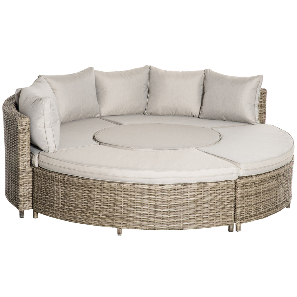 Outsunny 5 Pieces Outdoor PE Rattan Round Garden Daybed with Cushions, Aluminium Lounge Chair Conversation Sofa Set with Liftable Coffee Table and Protect Cover, Grey