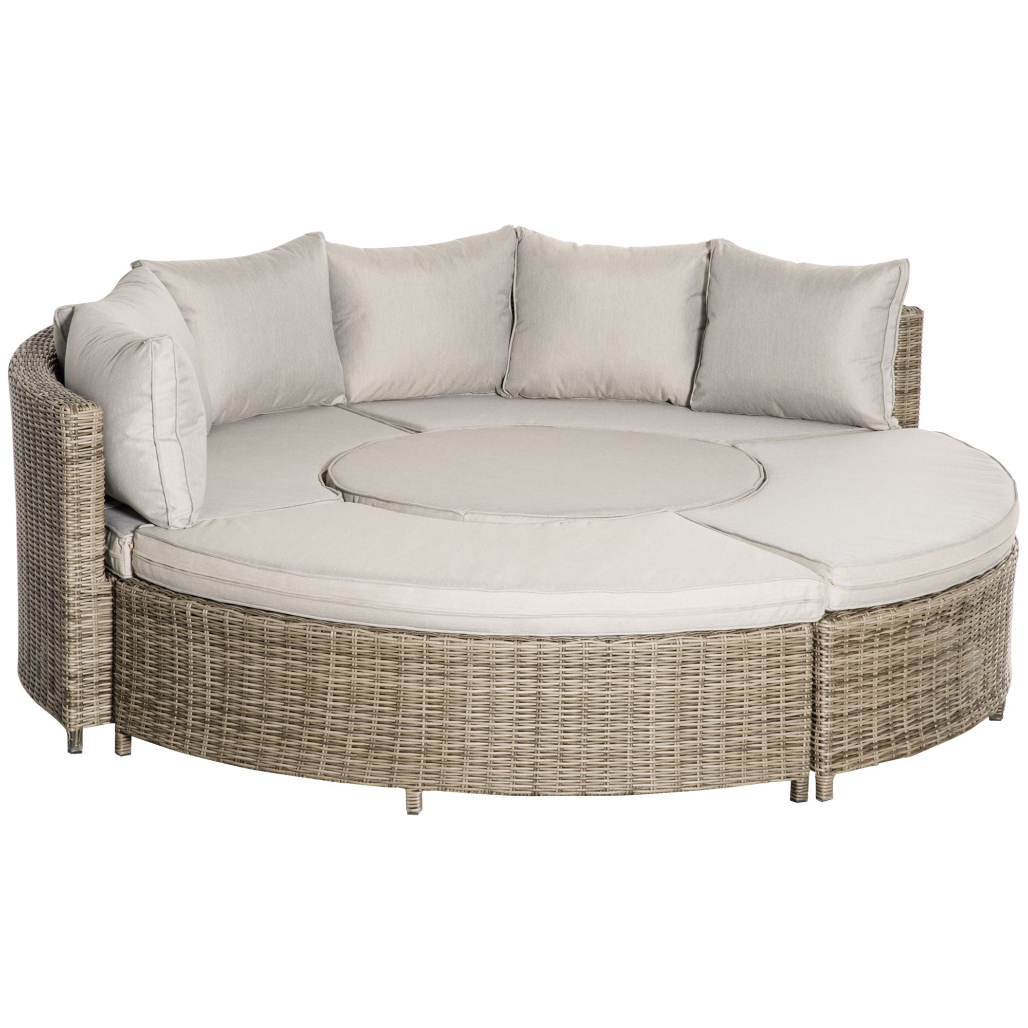 Outsunny 5 Pieces Outdoor PE Rattan Round Garden Daybed with Cushions, Aluminium Lounge Chair Conversation Sofa Set with Liftable Coffee Table and Protect Cover, Grey