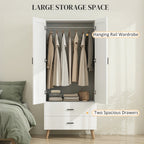 2-Door Wardrobe, Modern Wardrobe with 2 Drawers and Hanging Rail for Bedroom, White