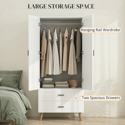 2-Door Wardrobe, Modern Wardrobe with 2 Drawers and Hanging Rail for Bedroom, White