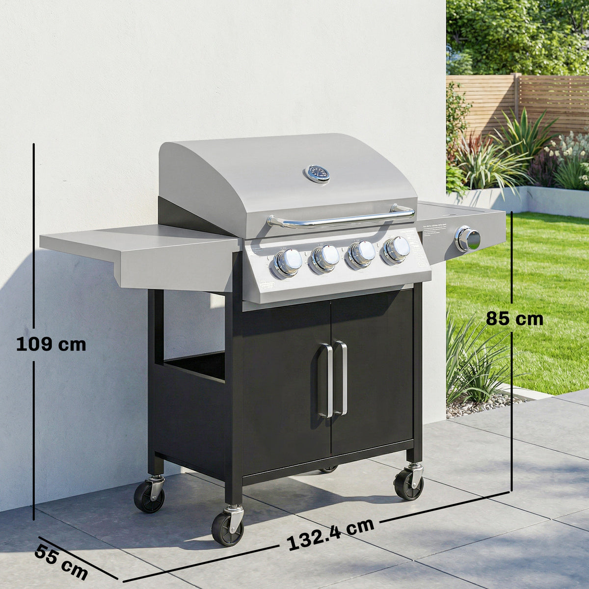 Outsunny 4+1 Burner Gas BBQ Grill with Side Burner, 14.5 kW Steel Portable Gas Barbecue Grill with Built-in Thermometer, Lid