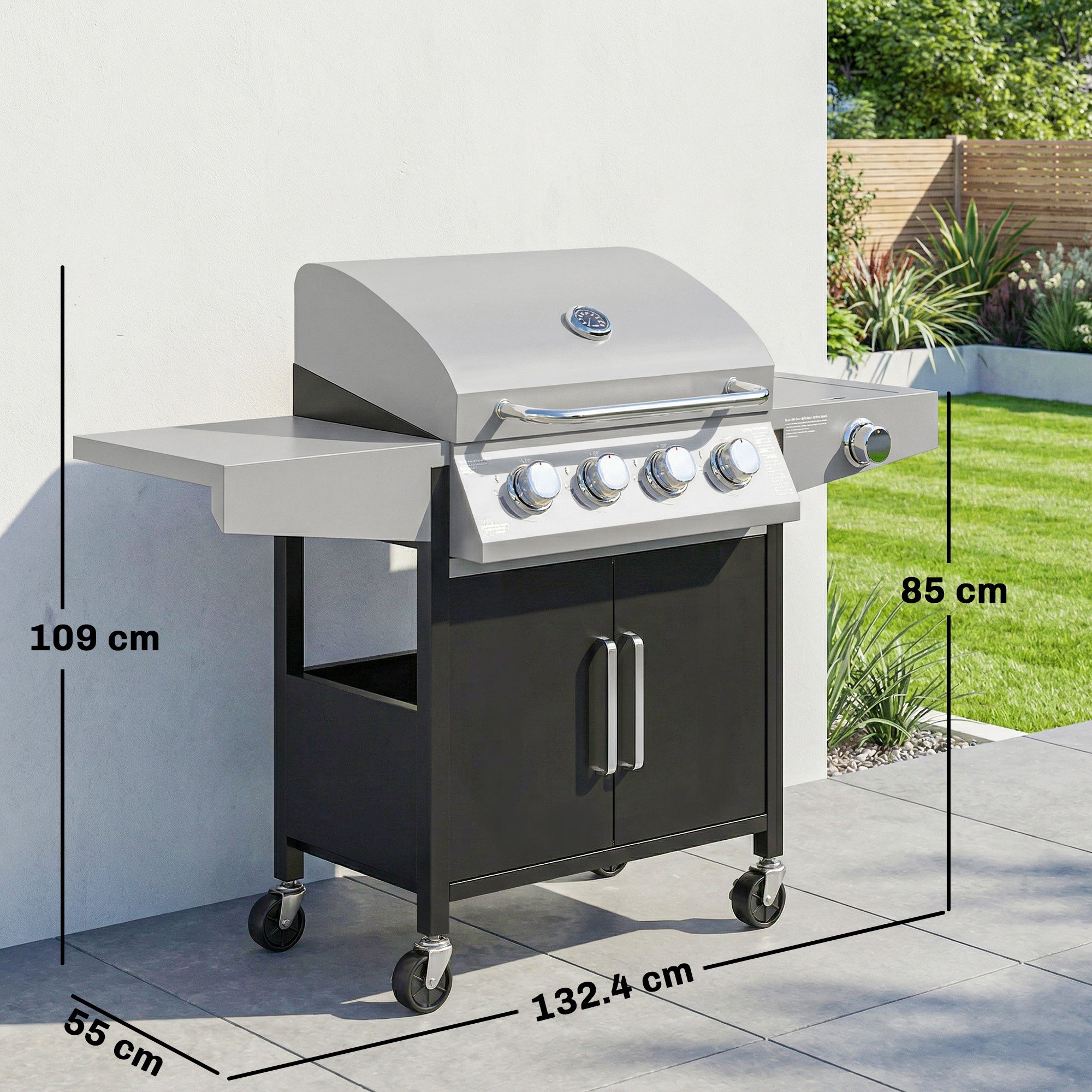 Outsunny 4+1 Burner Gas BBQ Grill with Side Burner, 14.5 kW Steel Portable Gas Barbecue Grill with Built-in Thermometer, Lid